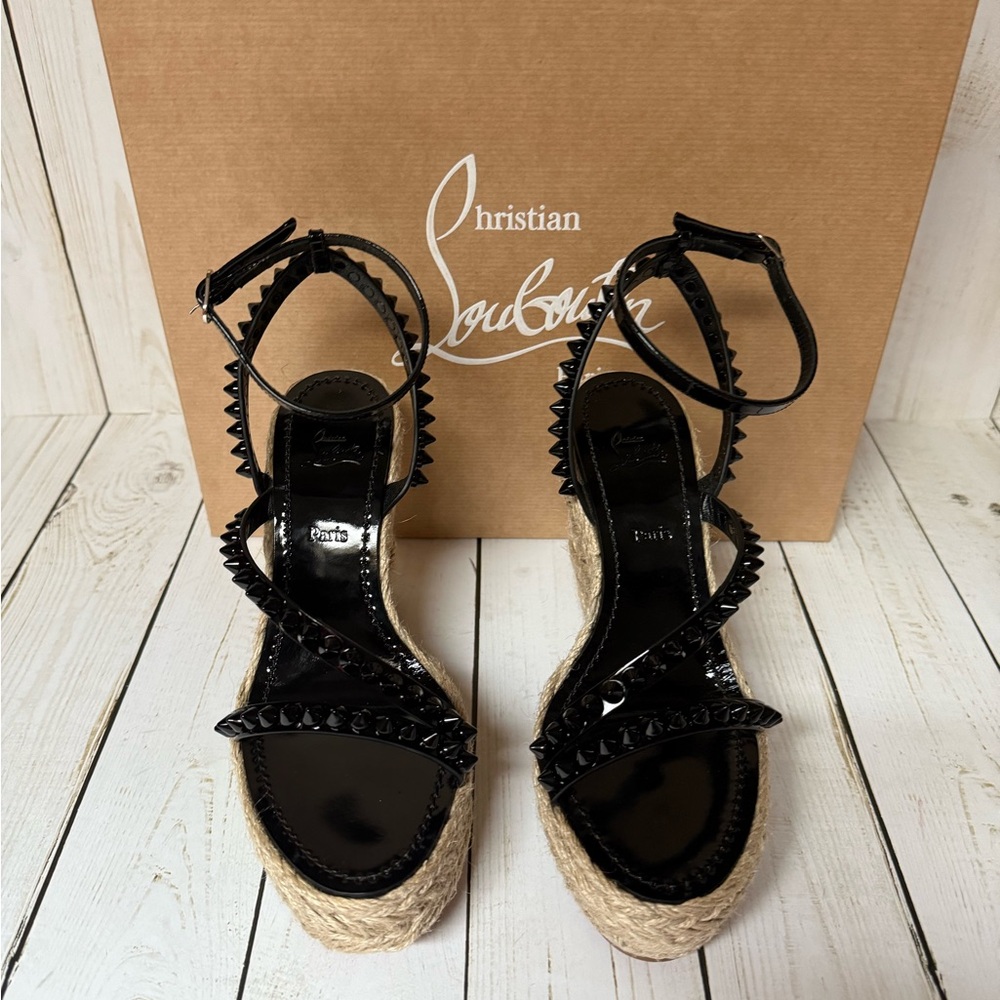 Christian Louboutin Mafaldina Spike Platform Espadrille Wedge Black Sz 36 - Picture 7 of 16